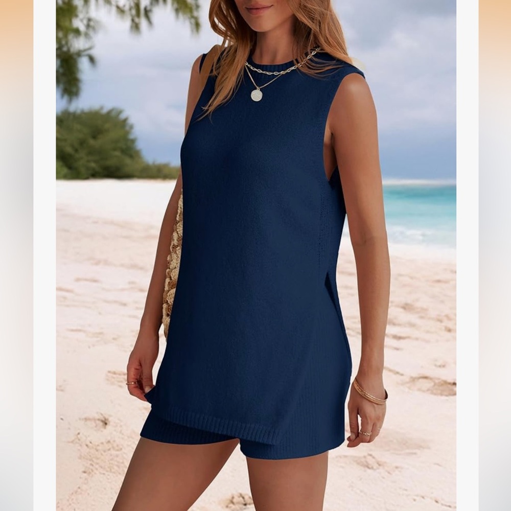 NENONA Brand 2 piece Short and Sleeveless Tunic Top Sweater Set in Navy